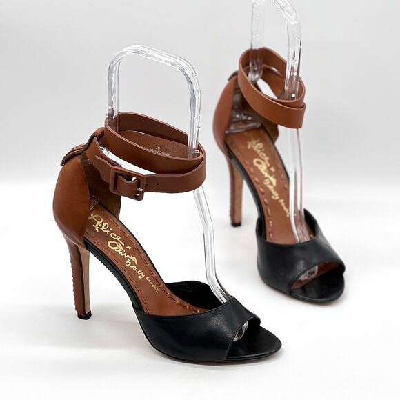 Alice + Olivia Shoes - ALICE + OLIVIA Gwennie Ankle Wrap Strap Heels Womens 39 Black Brown Leather